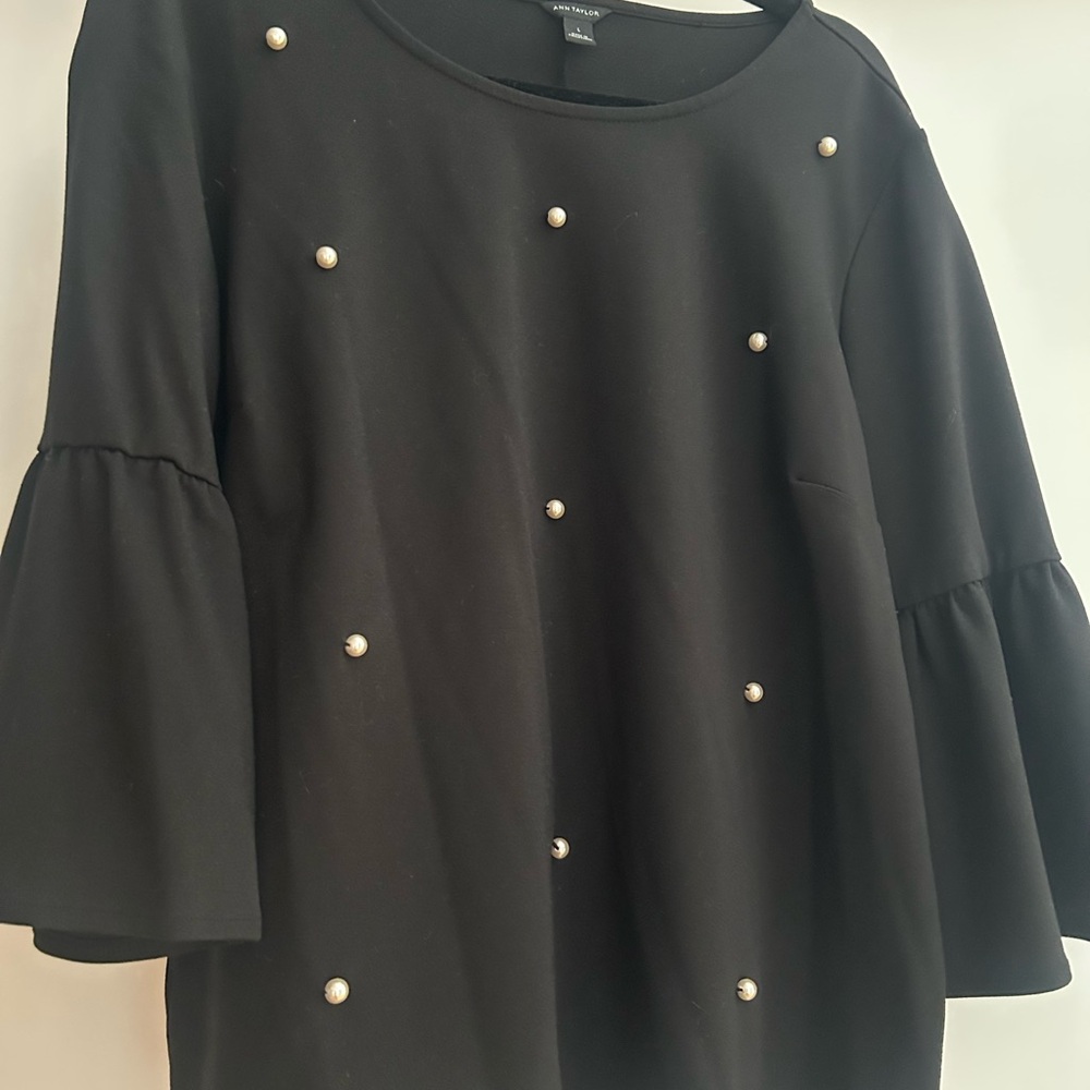 Black Bell Sleeve Top with Pearl Accents